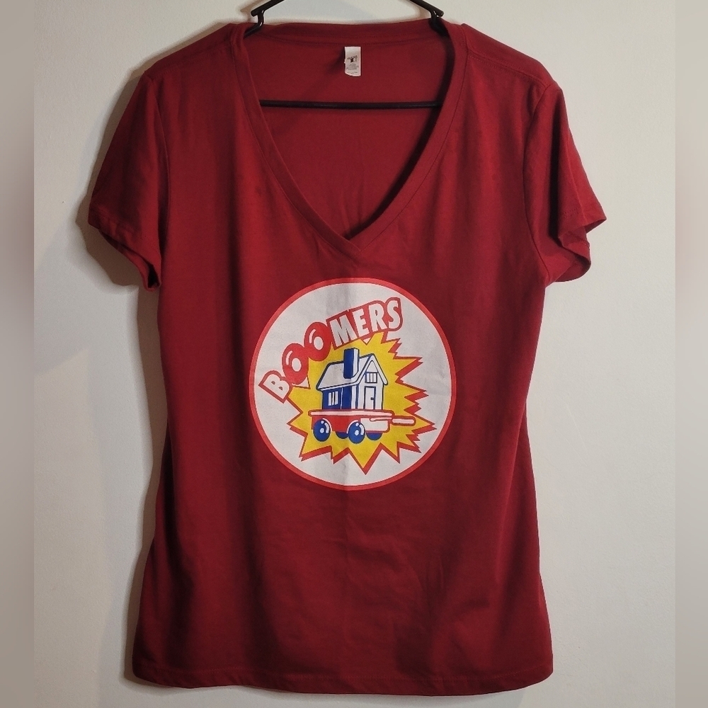 IDEAL T, Red v-neck, fitted "Boomers" graphic t-shirt.  NWOT. Size XL